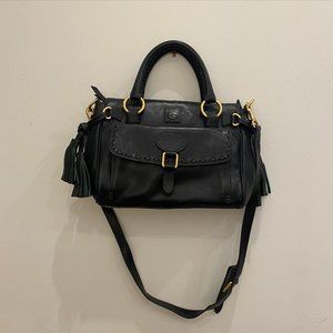 Dooney & Bourke Black Leather Handbag with Gold Buckles and Tassels